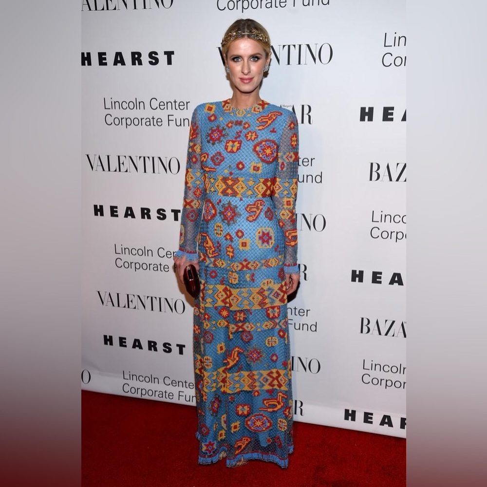 VALENTINO RUNWAY BEAD EMBELLISHED BLUE TRIBAL AZTEC GOWN DRESS IT 44